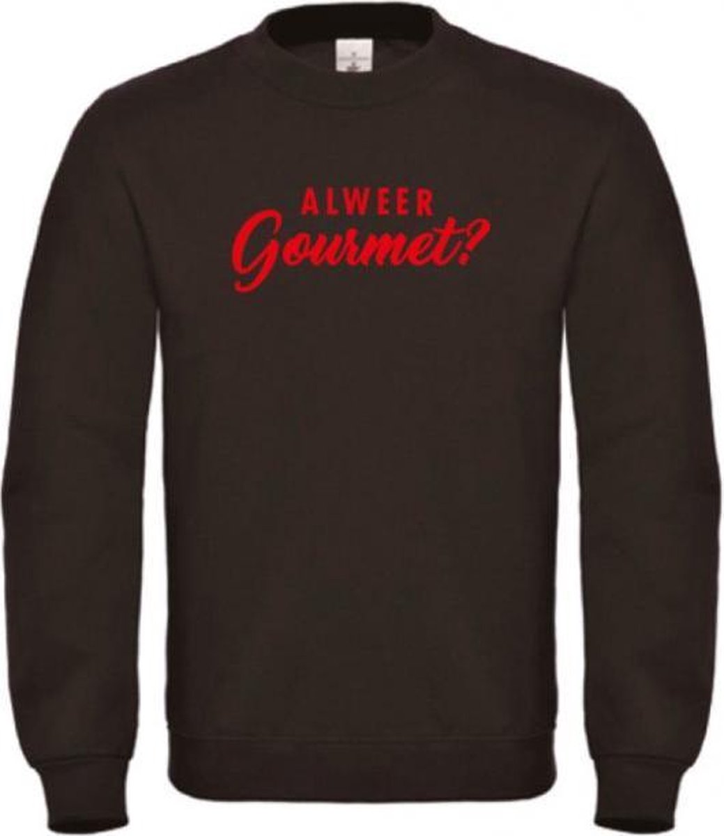 Kerst sweater zwart M - Al weer gourmet? - Rood glitter - soBAD. | Kersttrui soBAD. | kerstsweaters volwassenen | kerst hoodie volwassenen | Kerst outfit | Foute kerst truien